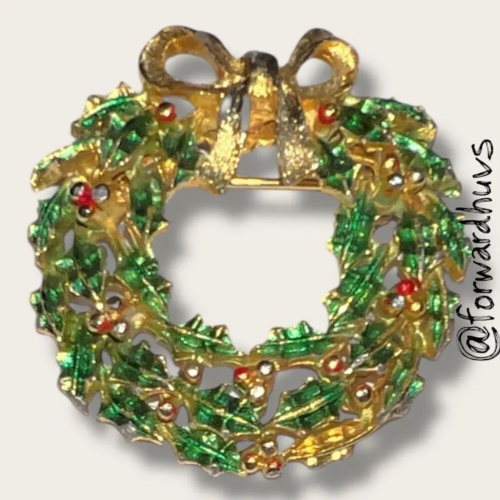 Bundle Sale 3 for $15 | Holiday Wreath Brooch – Green Enamel Holly & Red Berries